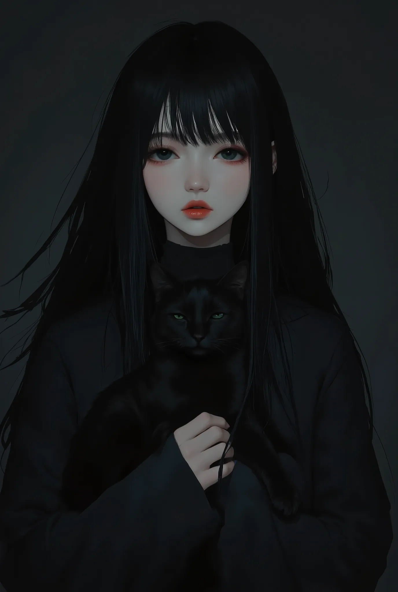 An Emo Girl，Holding a black cat in his hand, Delicate face, Dark Makeup, Emotional expression, Black clothes, Dark background, Chiaroscuro lighting, Movie, dramatic, Moody, Digital Painting