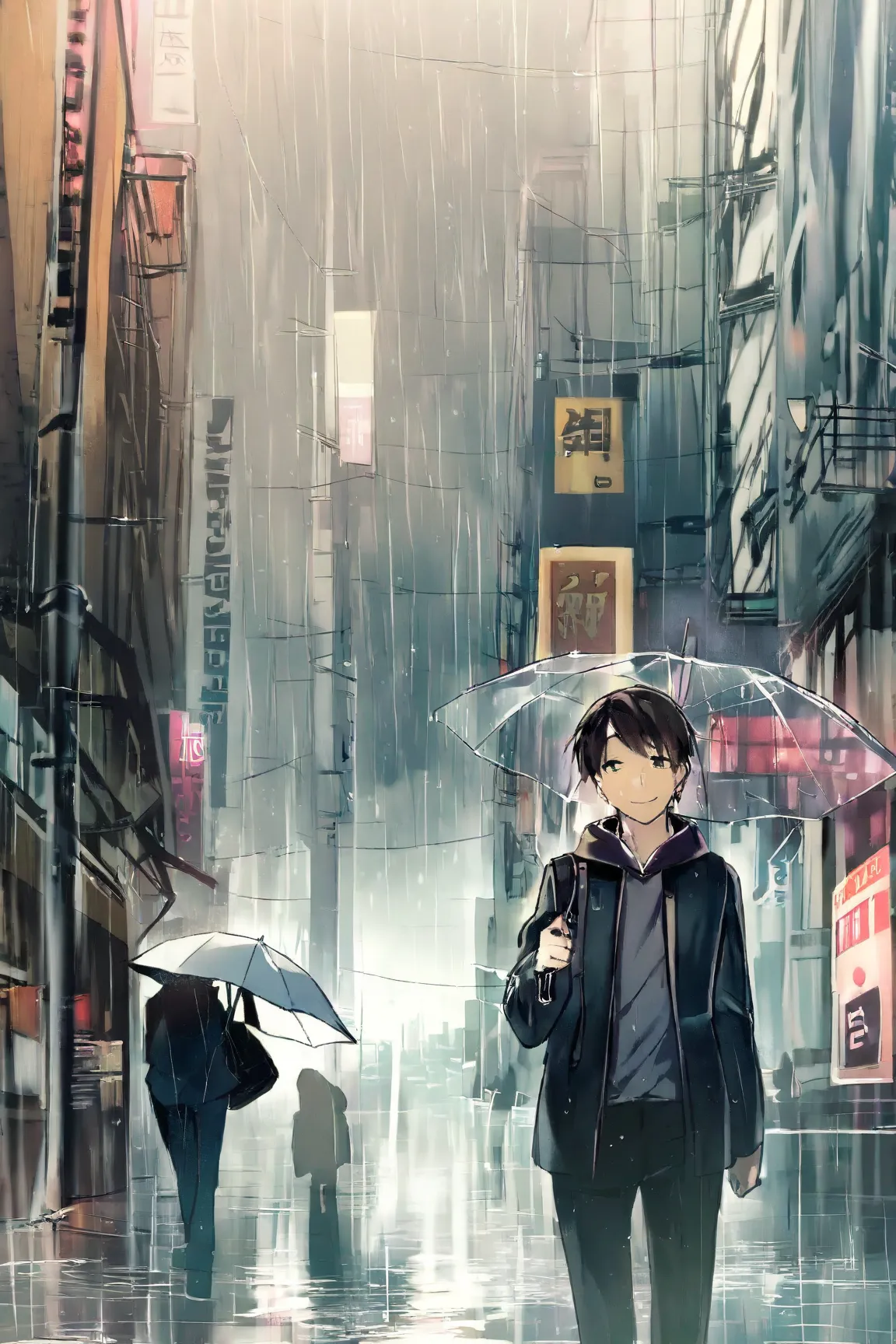  in the rain、the scene where two people who met under an umbrella smile and exchange conversations。Scenery of a city soaked in rain spreads out all around, and、Try to make them feel warm in their expressions。