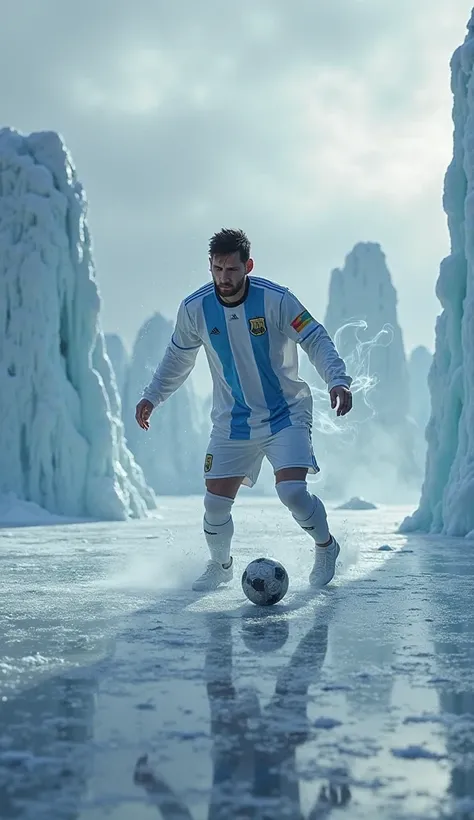 Messi spewing smoke through his nose in an ice soccer stadium and a ball freezes in his hands with cloudy skies 