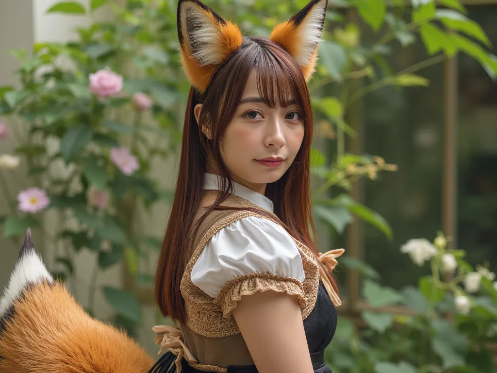 (( top quality , 8k)), ((Girl with straight brown hair)), (( Photorealistic)), ( masterpiece), Perfect Face , ((Woman with fox ears )), ((That woman has a fox tail )), foxgirl, (Her tail is big  ), ( That beautiful woman is shy), She's a college student  ,...