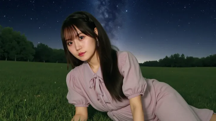 A cute Japanese woman sitting on a grassy field under a beautiful starry sky, wearing fluffy Night purple off shoulder. She is sitting with her knees bent, looking relaxed and peaceful. The atmosphere is serene, with soft glowing stars in the sky and a gen...