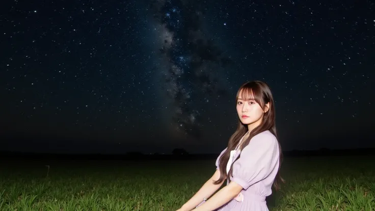 A cute Japanese woman sitting on a grassy field under a beautiful starry sky, wearing fluffy Night purple off shoulder. She is sitting with her knees bent, looking relaxed and peaceful. The atmosphere is serene, with soft glowing stars in the sky and a gen...