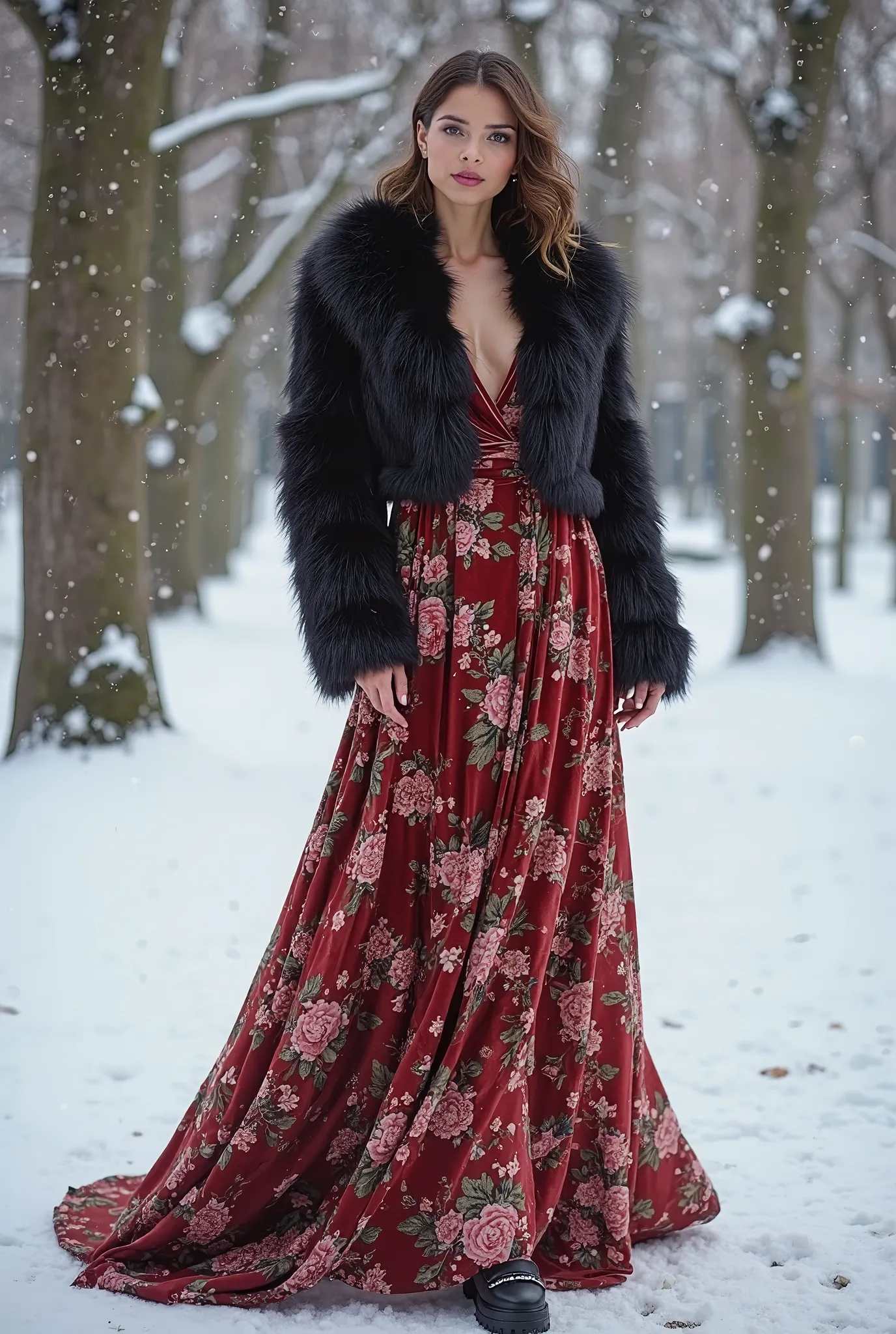 3. Velvet Winter Bloom

Description: A floral velvet maxi dress styled with a cropped faux fur jacket, sheer tights, and platform Mary Janes. Finish with pearl accessories.