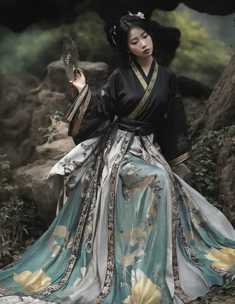 araffe asian woman in a black dress holding a fan, hanfu, traditional chinese clothing, dragon-inspired cloth robes, wearing ancient chinese clothes, ancient china art style, with ancient chinese aesthetic, flowing magical robe, traditional chinese, acient...