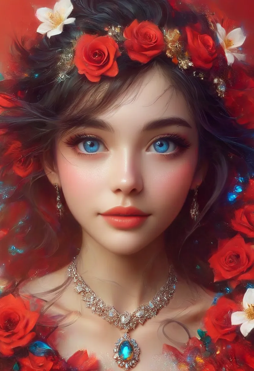  volumetric lighting, hn,1girl,One,red theme,flower, red background,makeup,red flower,hair ornament, big blue eyes,clear pupils , Looking at the viewer, на шее красивое necklace,red lips, ( A light smile), rose,gem,hair flower,red rose, eyeshadow, portrait...