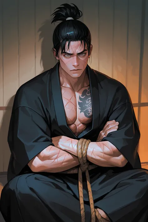 Solo Karate fighter man, sitting, black hair tied up, Gray eyes, and a tattoo on his chest, with his kimono open, and some scars on his face, the mood is right, cold colors, black kimono, Arms crossed, muscles, evil expression