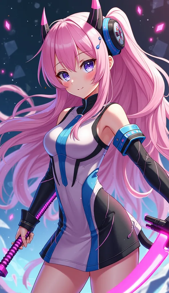 "A dynamic, anime-style illustration of Delta from Honkai Impact 3rd, a fusion of Rozaliya and Liliya Olenyeva. She has long, flowing pink hair with blue streaks, dark eyes blending light blue and purple, and four horns—two on each side of her head (black ...