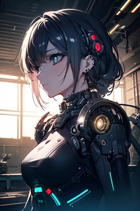 a cyborg woman with industrial piercings,futuristic cyberpunk,highly detailed mechanical parts,chrome shiny metal,glowing neon lights,dystopian setting,moody dramatic lighting,cinematic composition,photorealistic,8k,best quality,masterpiece