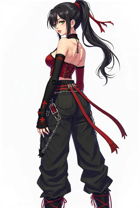 Anime character design, ((back view)) ((full body)) with a gothic and punk aesthetic. Young woman with long black hair tied in a high ponytail with floating red ribbons. Irregular bangs on her forehead. Her gaze is defiant, with sharp, clear green eyes, da...