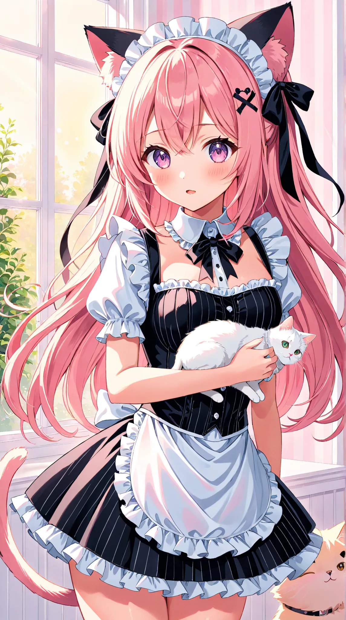 A cute anime girl with cat ears wearing an elegant gothic-style maid outfit. She has long, flowing hair and expressive eyes, holding a small, fluffy cat gently in her arms. Her outfit consists of a black pinstriped skirt with frilly edges, a stylish short ...