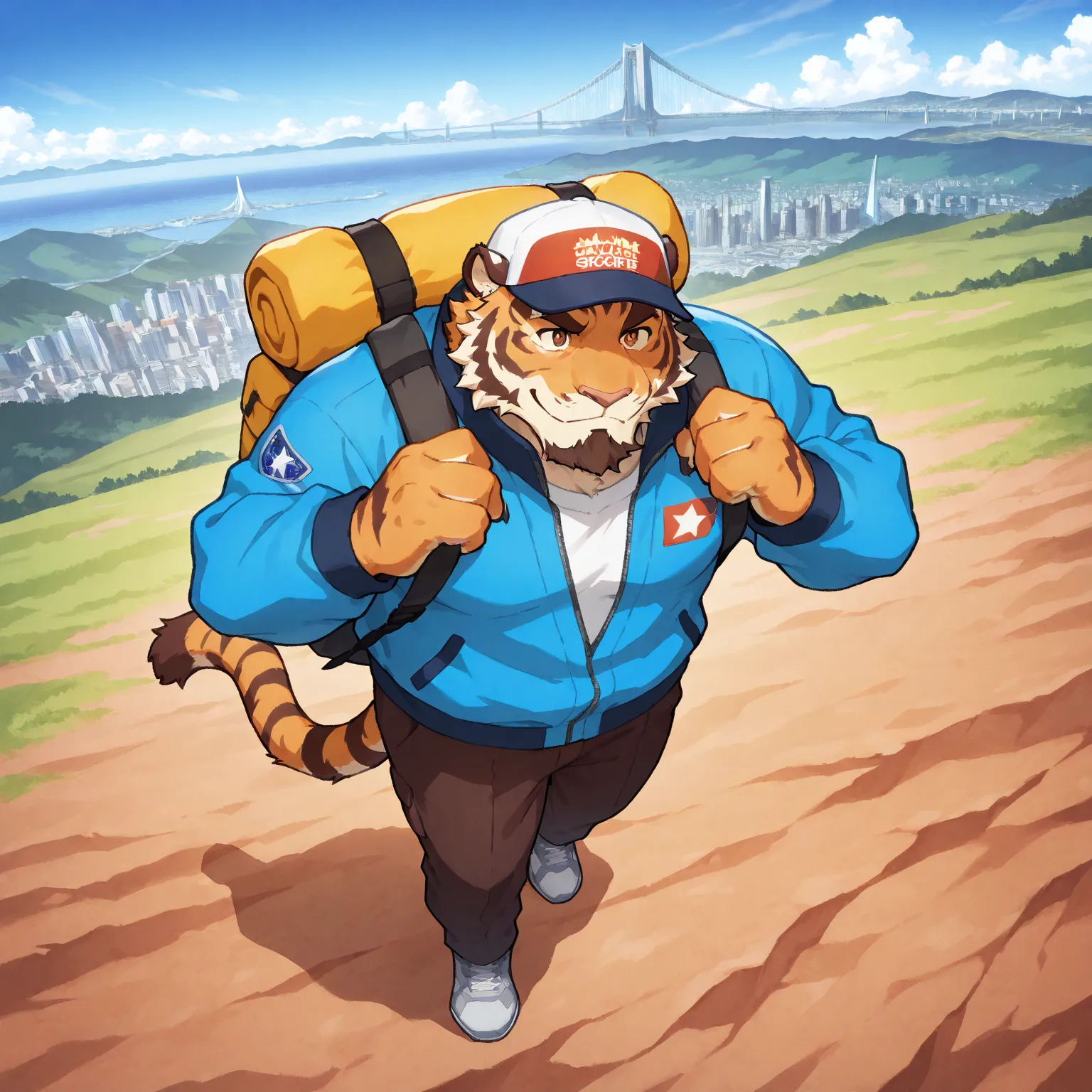 character focus, full body, looking away, from above, dynamic angle, american country, backpacker, middle-aged tiger man, BREAK happy, little smile, clothed, jacket, shirt, backpack, baseball cap, half pants, sneaker, standing, hiking, dynamic pose, BREAK ...