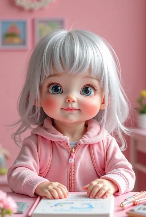 ultrarealistic,  cute Baby with silver grey long hair and white snowy skin with pink cheeks with books and wearing a backpack with pink school uniform, hands on table, larger head, portrait view and learning resources. facing camera. colorful pink school b...