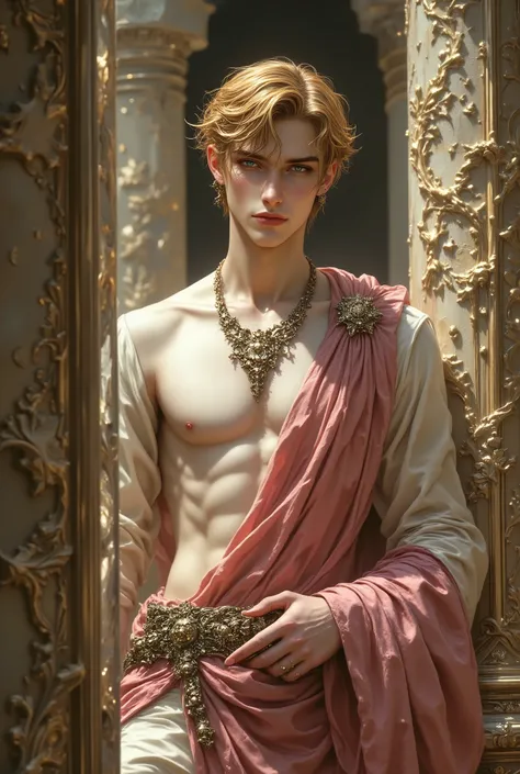 an elegant greek man, age 18, digital painting in the style of Robert Liberace, serenely posed, amber blonde, Mid Length Curls hair , male, very young, Handsome, standing between two ornate columns, wearing a rich pink loincloth and cream yellow Turtle Nec...