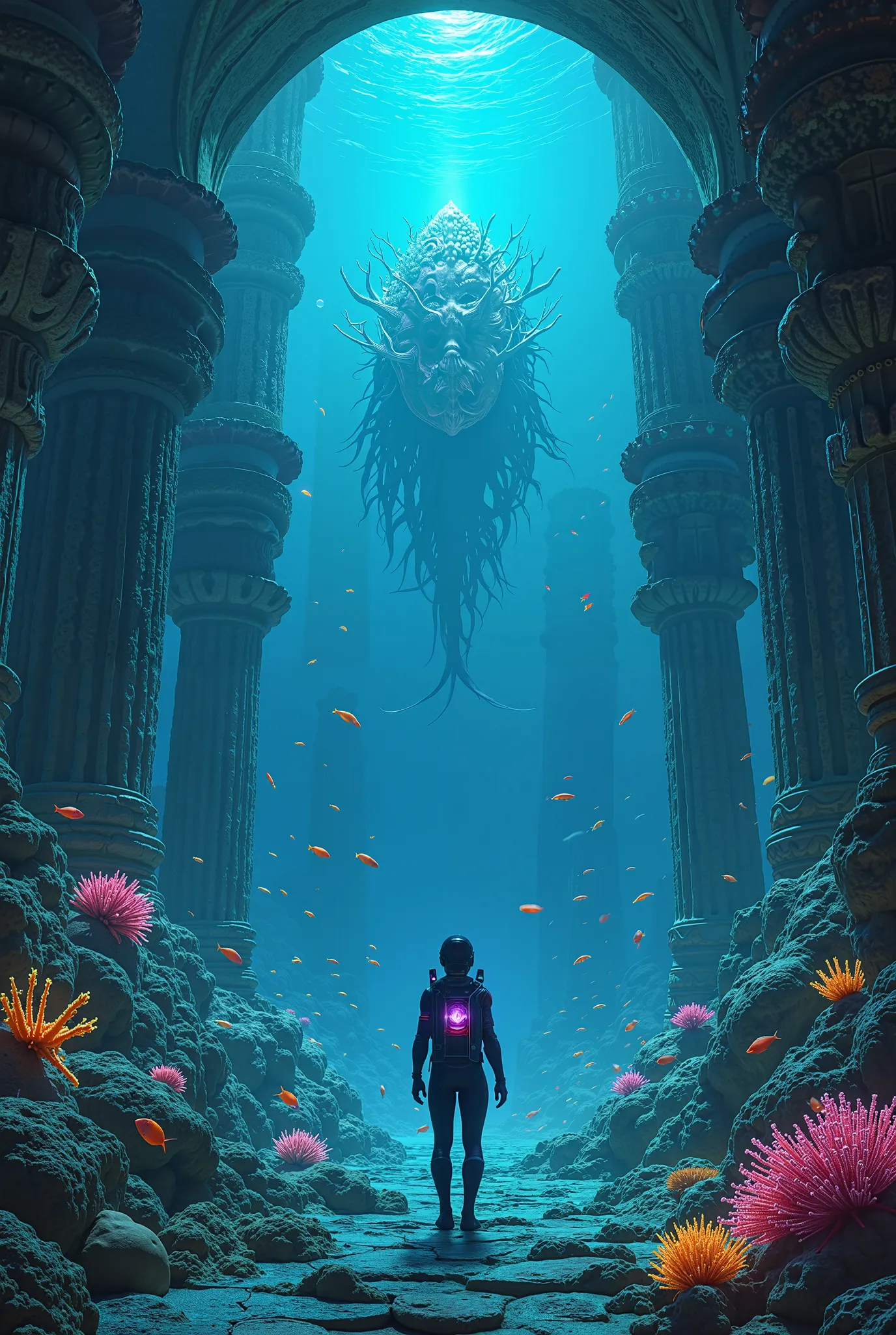 "A serene underwater city illuminated by bioluminescent coral towers, with schools of neon fish swimming through intricate, ancient stone arches. In the distance, a colossal, glowing sea creature with translucent skin drifts gracefully, casting an ethereal...