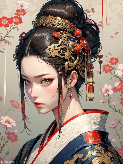 One piece showcasing exceptional art of the highest quality，A solitary figure embodies elegance and elegance in traditional Japanese clothing，highlighting intricate and exquisite hairpieces、Delicate collars and ornate kimonos，Captures a moment of peace of ...