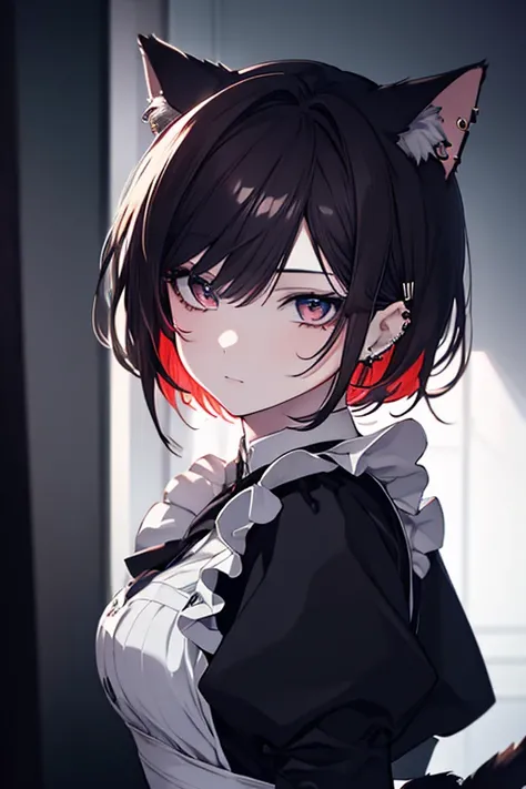 a beautiful detailed girl with cat ears maid outfit, multiple piercings, sharp eyes, dark hair, elegantly posed, intricate details, high quality, photorealistic, 8k, masterpiece, digital painting, vibrant colors, dramatic lighting, cinematic composition