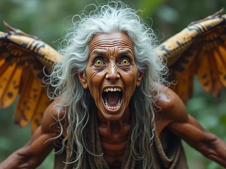   Brunette woman, Native Indian , 90 years,  Brown skin, dirty and extremely wrinkled, feia. Eyes with yellow irises, owl eyes . white hair patterns, bulky, very long and disheveled, long and disheveled. new. Open arms turning into owl wings.  in the foreg...