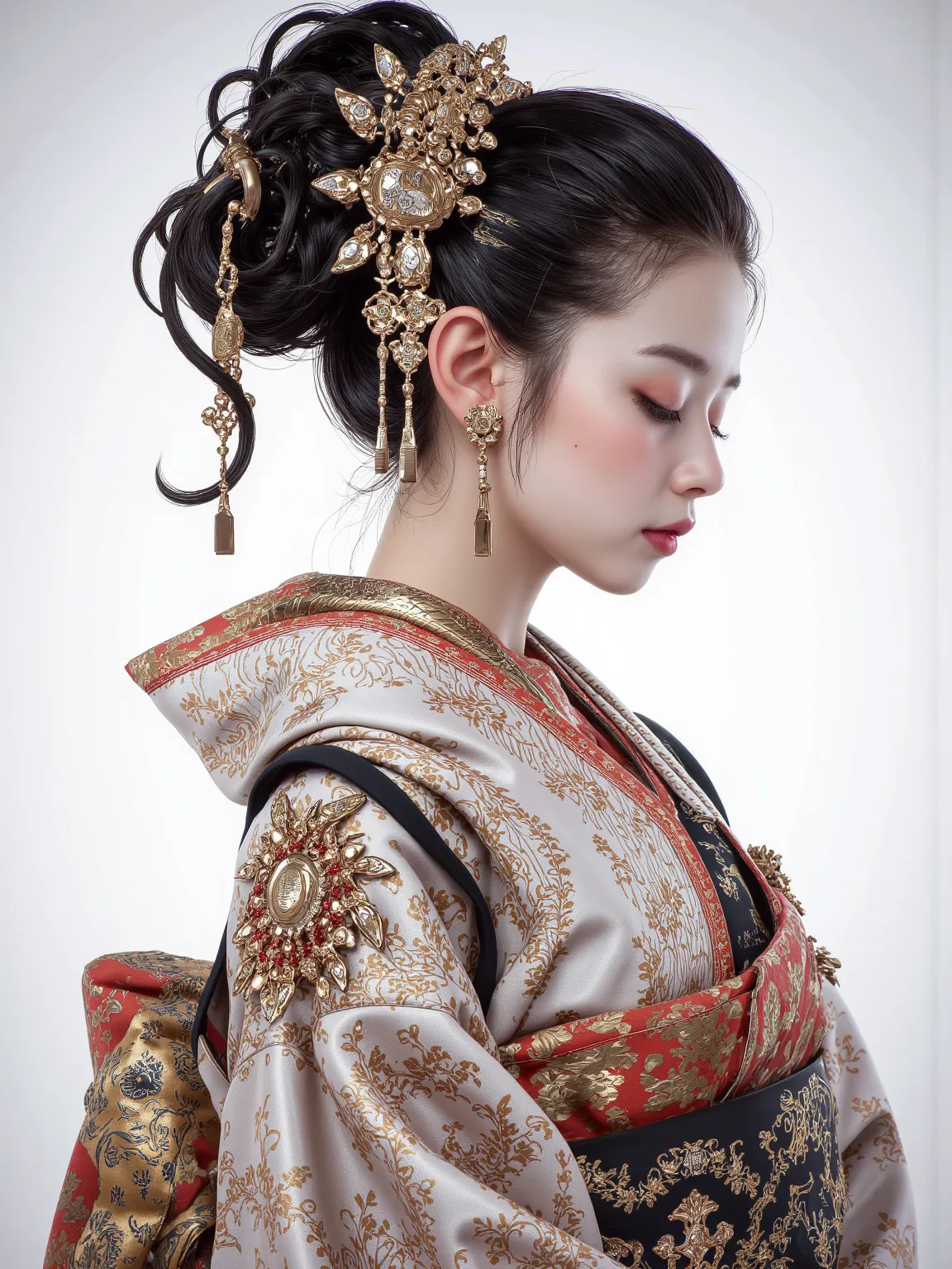 One piece showcasing exceptional art of the highest quality，A solitary figure embodies elegance and elegance in traditional Japanese clothing，highlighting intricate and exquisite hairpieces、Delicate collars and ornate kimonos，Captures a moment of peace of ...