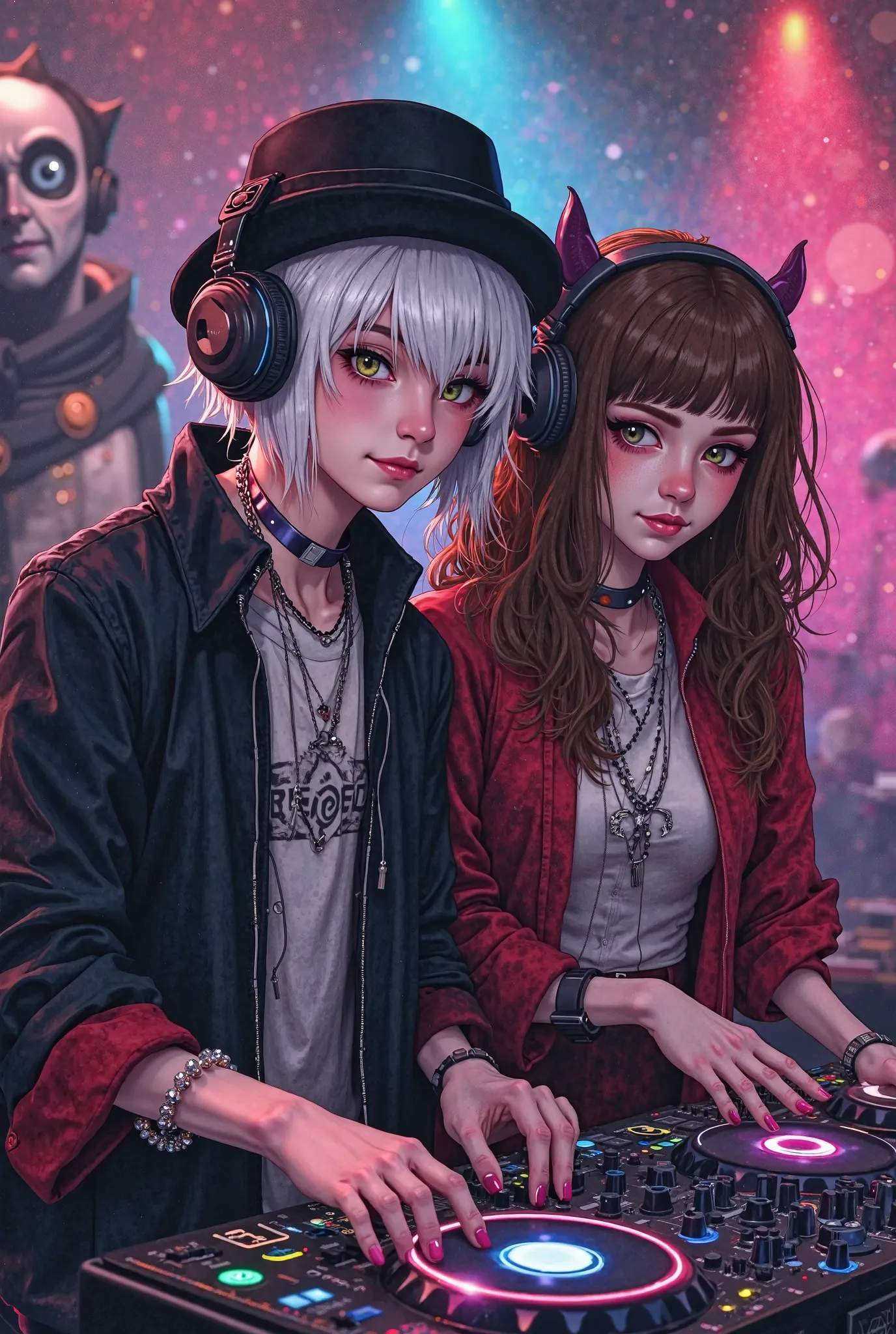  A man and a woman who are playing together at a party as DJs, the man has white hair, an emo cut, hat and headphones and the woman is more colorful with brown hair, neither of them are seen the face Neither of them can be seen in a face, she is seen in a ...