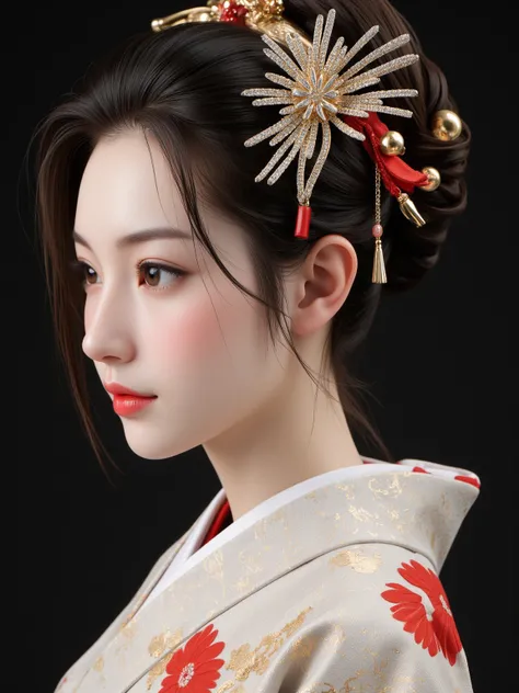 One piece showcasing exceptional art of the highest quality，A solitary figure embodies elegance and elegance in traditional Japanese clothing，highlighting intricate and exquisite hairpieces、Delicate collars and ornate kimonos，Captures a moment of peace of ...