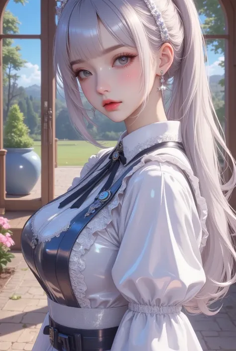  realistic, perfect hands, perfect hands가락, perfect hands가락, Tight maid suit , Beautiful Japanese Girl With Appropriate Size Breasts, silver hair on the floor, ponytail long hair,  silver eyes, in the garden and the garden in front of the mansion, beautifu...