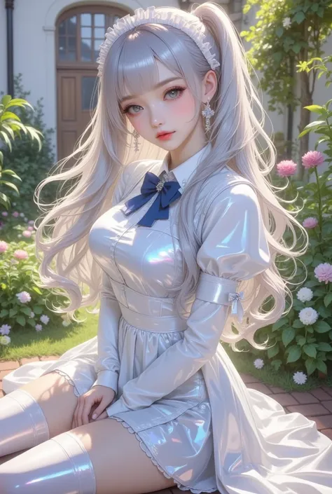  realistic, perfect hands, perfect hands가락, perfect hands가락, Tight maid suit , Beautiful Japanese Girl With Appropriate Size Breasts, silver hair on the floor, ponytail long hair,  silver eyes, in the garden and the garden in front of the mansion, beautifu...