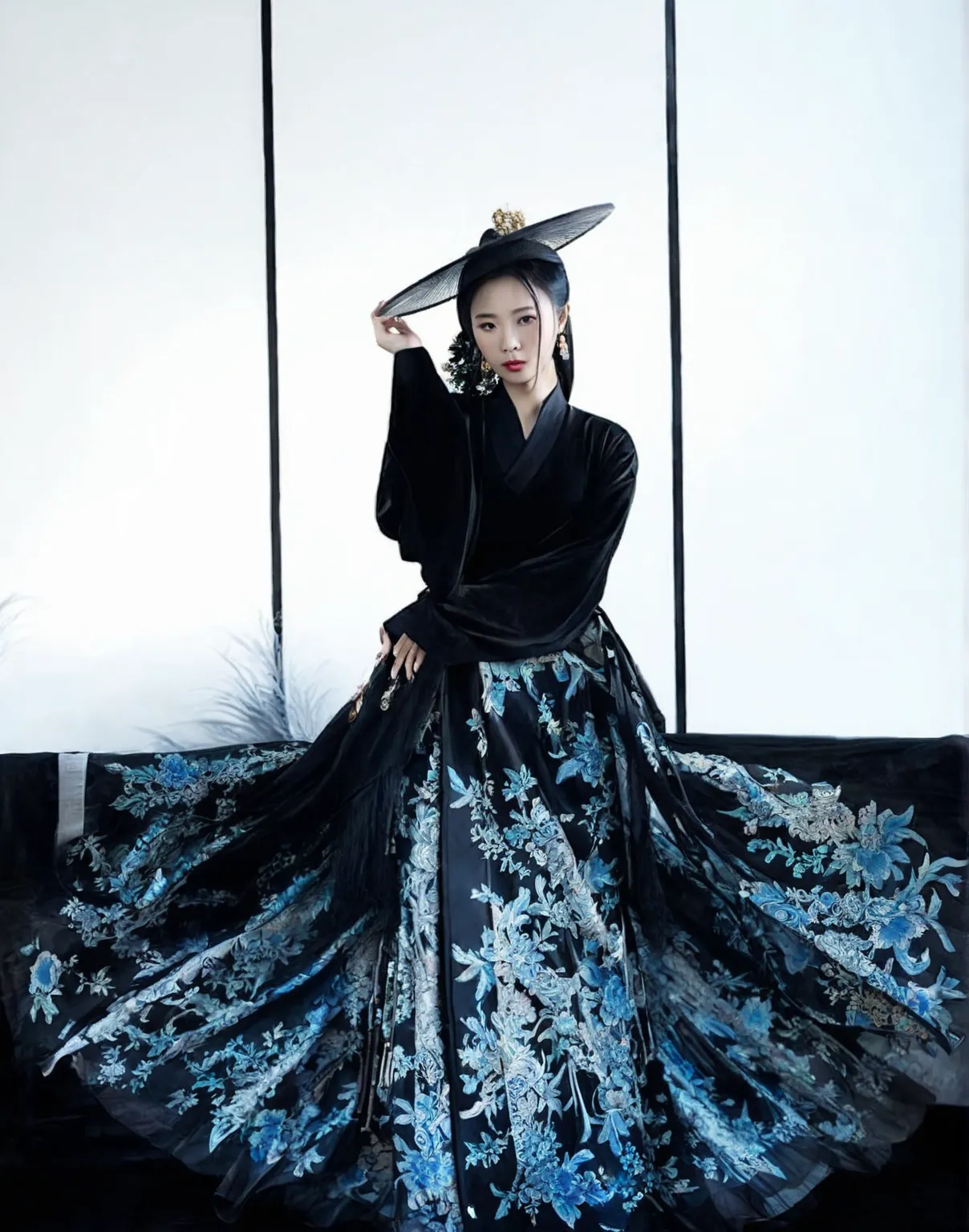 araffe asian woman in a black dress and hat, full body, with acient chinese clothes, traditional chinese clothing, chinese style, wearing ancient chinese clothes, wearing ornate silk clothes