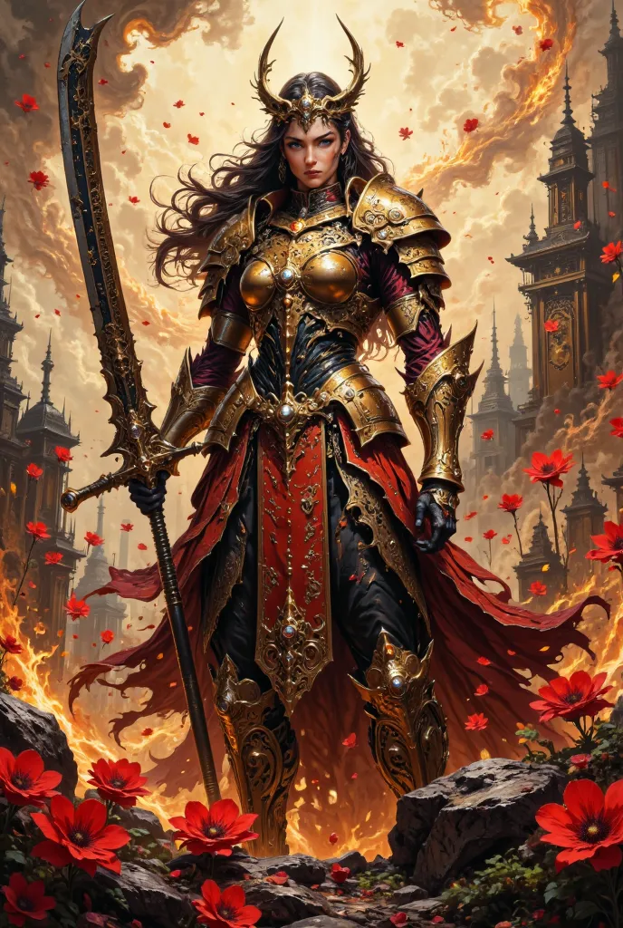  MaleniaNorm's intense and thrilling scene , Legendary female warrior,  maximizing realistic rendering . A woman with a perfect figure, she stands confidently , Her perfect figure wears elaborate gold and crimson armor,  covered with elegant ,  thorn-like ...