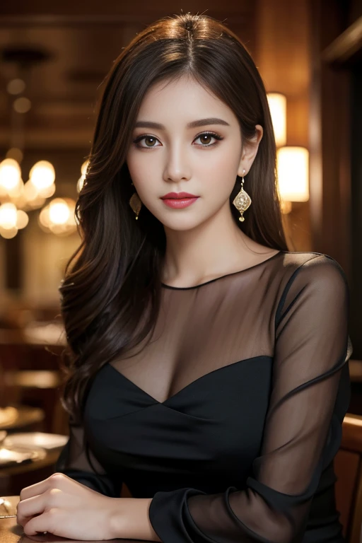 masterpiece, highest quality, Realistic, Very detailed, Finer details, High resolution, 8k wallpaper, One beautiful woman, Wear an elegant black see-through blouse, In a great restaurant, At night, Light brown messy hair, Perfect dynamic composition, Beaut...