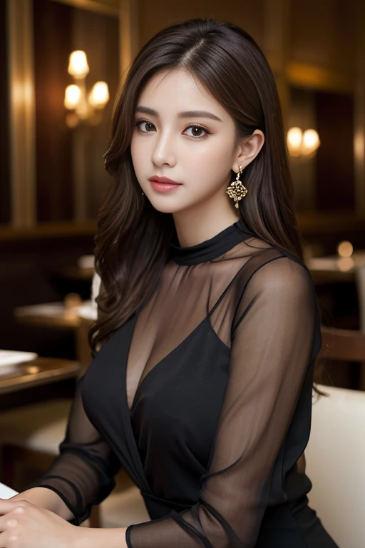 masterpiece, highest quality, Realistic, Very detailed, Finer details, High resolution, 8k wallpaper, One beautiful woman, Wear an elegant black see-through blouse, In a great restaurant, At night, Light brown messy hair, Perfect dynamic composition, Beaut...