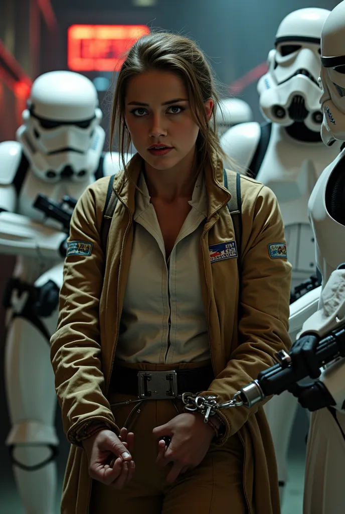  Create the image of a woman in a rebel pilot costume from the Star Wars universe. She is handcuffed and is being arrested by two stormtroopers . 
