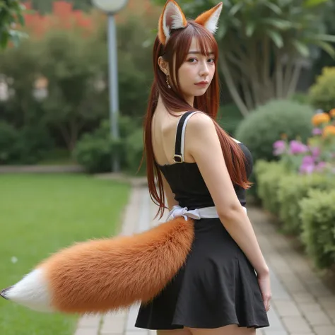 (( top quality , 8k)), ((Girl with straight brown hair)), (( Photorealistic)), ( masterpiece), Perfect Face , ((Woman with fox ears )), ((That woman has a fox tail )), foxgirl, (Her tail is big  ), ( That beautiful woman is shy), She's a college student  ,...