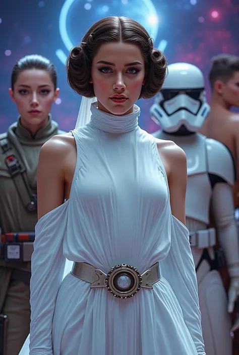 a close up of a woman in a white dress standing in front of a group of Star Wars characters,  Germ of Art julie bell beeple, Wojtek FUS, karol behind uhd, inspired by Marek Okon , chris moore.  Germ of Art,  cybernetic goddess in the cosmos , Princess Leia...