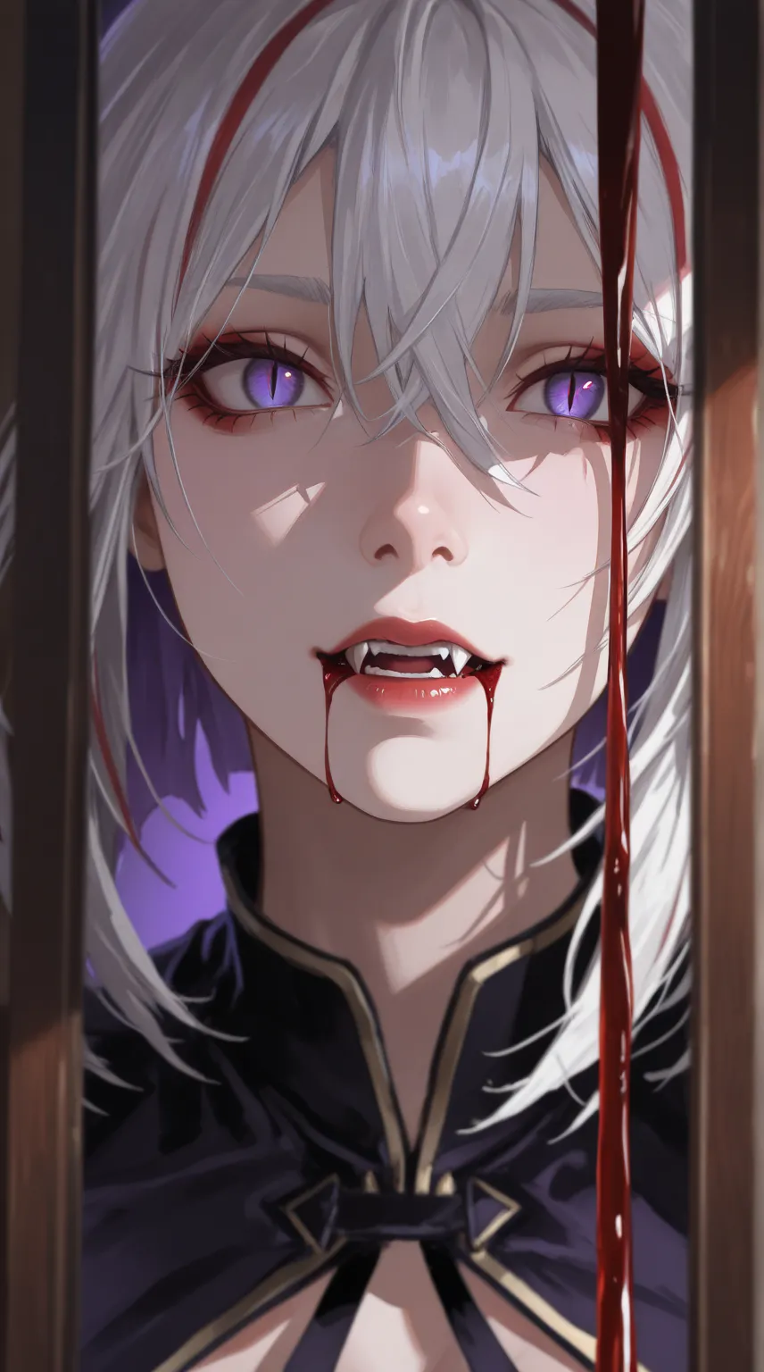 (masterpiece, best quality:1.2), (ultra-detailed, high-res),
anime-style close-up portrait of a seductive female vampire,
adult woman, long white hair partially framing her face,
((intense violet eyes with slit pupils as the central focus,))
slightly parte...