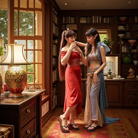 An elven woman (age 22, cute, sheer intricate Japanese dress bright silk gold trim, matching sandals, lactating breasts) is combing the hair of her  (matching outfit 5ish years old), ornate elven home with Asian undertones, high fantasy