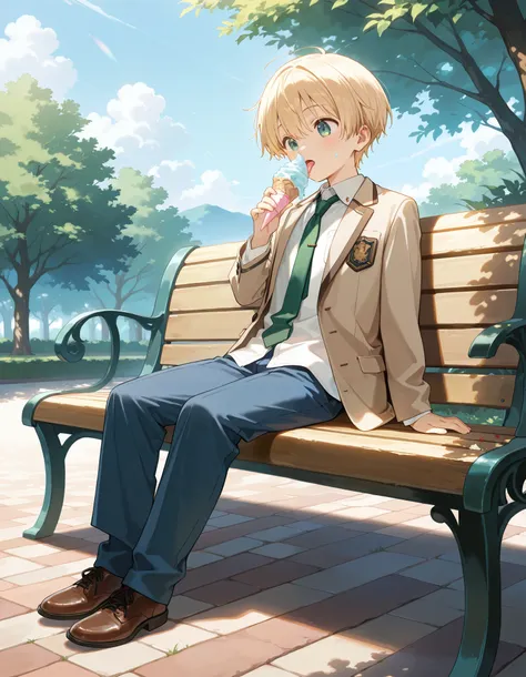 Hd, masterpiece, best quality, highres,2d, anime, 1boy, young boy, blonde hair, straight hair, short hair, fullbody, wearing white collared shirt, green necktie, light brown blazer, opened jacket, blue pants, trousers, Messy clothes , eating ice cream, lic...