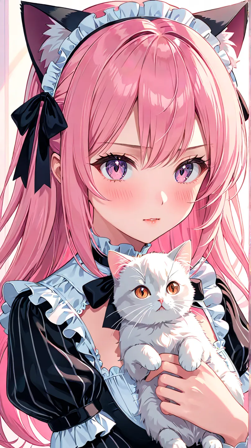 ((Extreme close-up, Face-focused portrait))A cute anime girl with cat ears wearing an elegant gothic-style maid outfit. She has long, flowing hair and expressive eyes, holding a small, fluffy cat gently in her arms. Her outfit consists of a black pinstripe...