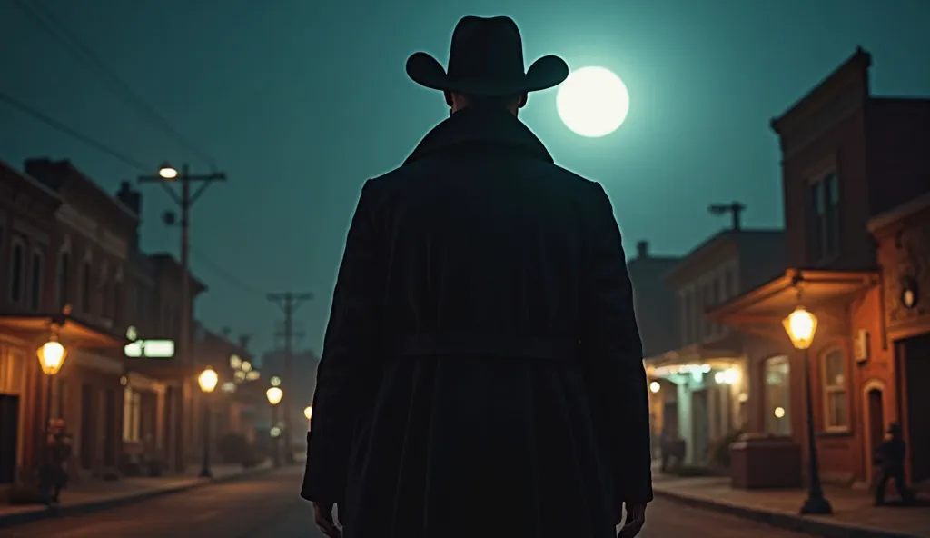 
Style dark man at night in the mysterious city of the Wild West