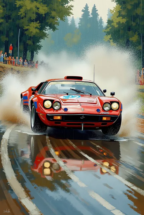  Suzuki Hideto's painting style 、Lancia Stratos、Rain Circuit、水しぶきを上げて疾走するLancia Stratos、