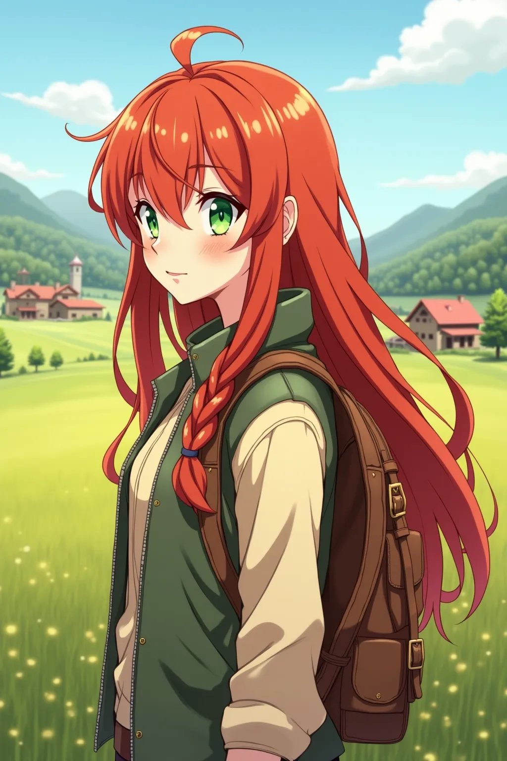 drawing in anime style.  Beautiful red-haired girl with long hair styled with a braid , . Wear country clothes and carry a leather backpack.  She has emerald green eyes and is exploring the place. Behind it you can see a small town in the middle of a wide ...