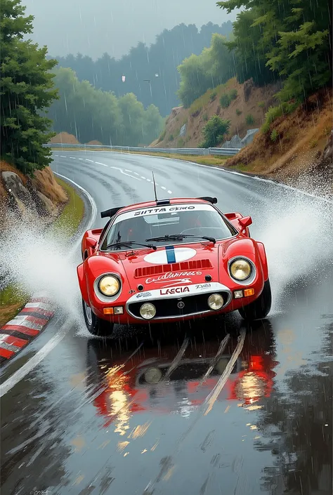  Suzuki Hideto's painting style 、Lancia Stratos、Rain Circuit、水しぶきを上げて疾走するLancia Stratos、