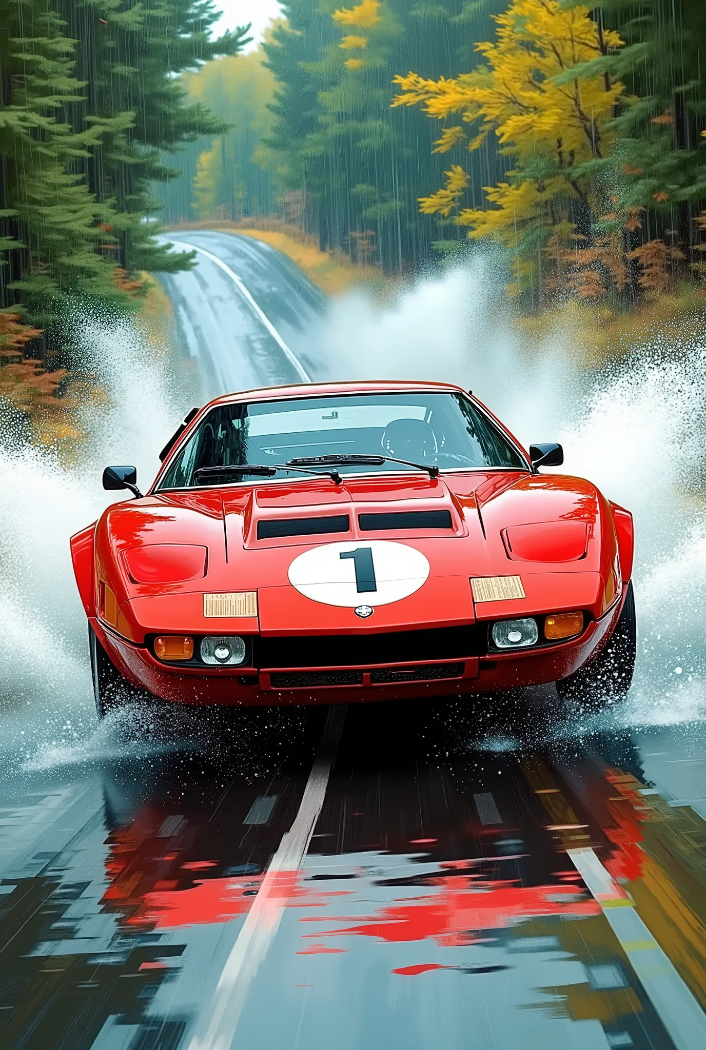  Suzuki Hideto's painting style 、Lancia Stratos、Rain Circuit、水しぶきを上げて疾走するLancia Stratos、