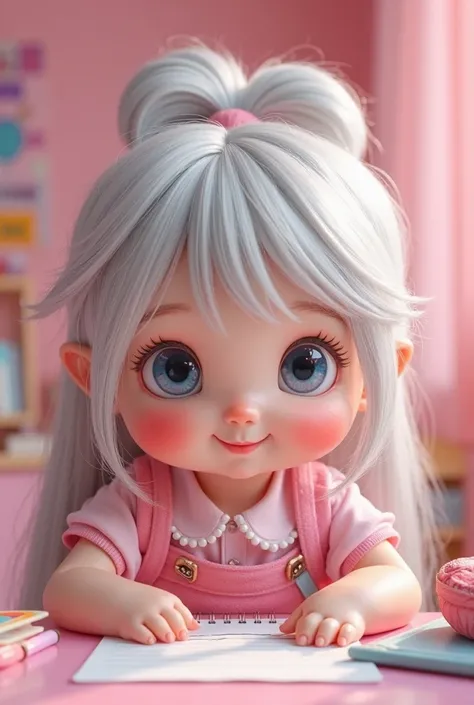 ultrarealistic,  cute Baby with silver grey long hair and white snowy skin with pink cheeks with books and wearing a backpack with pink school uniform, hands on table, larger head, portrait view and learning resources. facing camera. colorful pink school b...