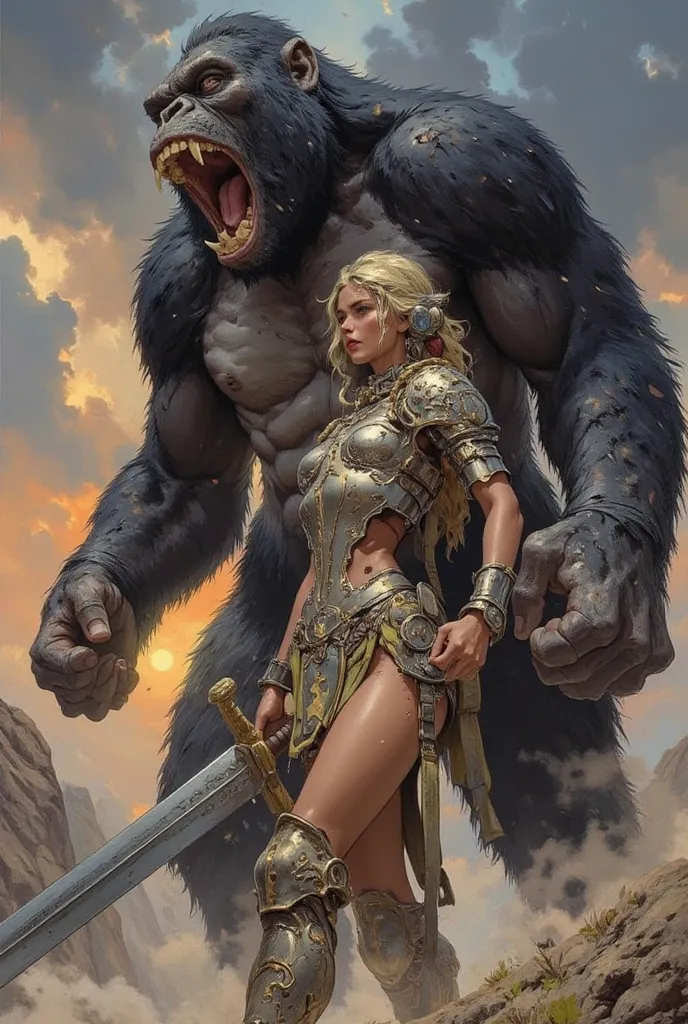 Frank Frazetta's oil painting of an ancient female warrior in armor, dark skinned, sexy and fierce. She stands next to a giant King Kong screaming, fists beating his chest, hair flying. She holds a large sword in both hands. Hostile environment, stormy eve...