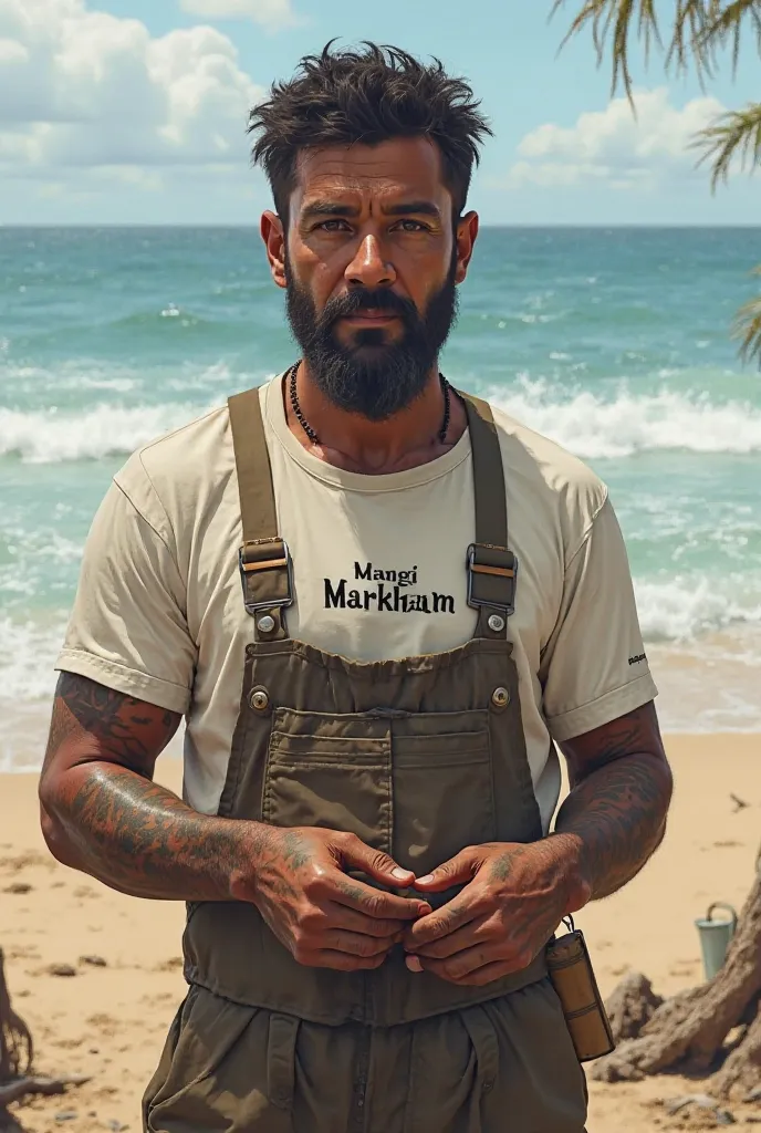 A brown skin man with a tattoo on his hands, wear a white shirt with a name written on it, Mangi Markham, and work besides the beach 