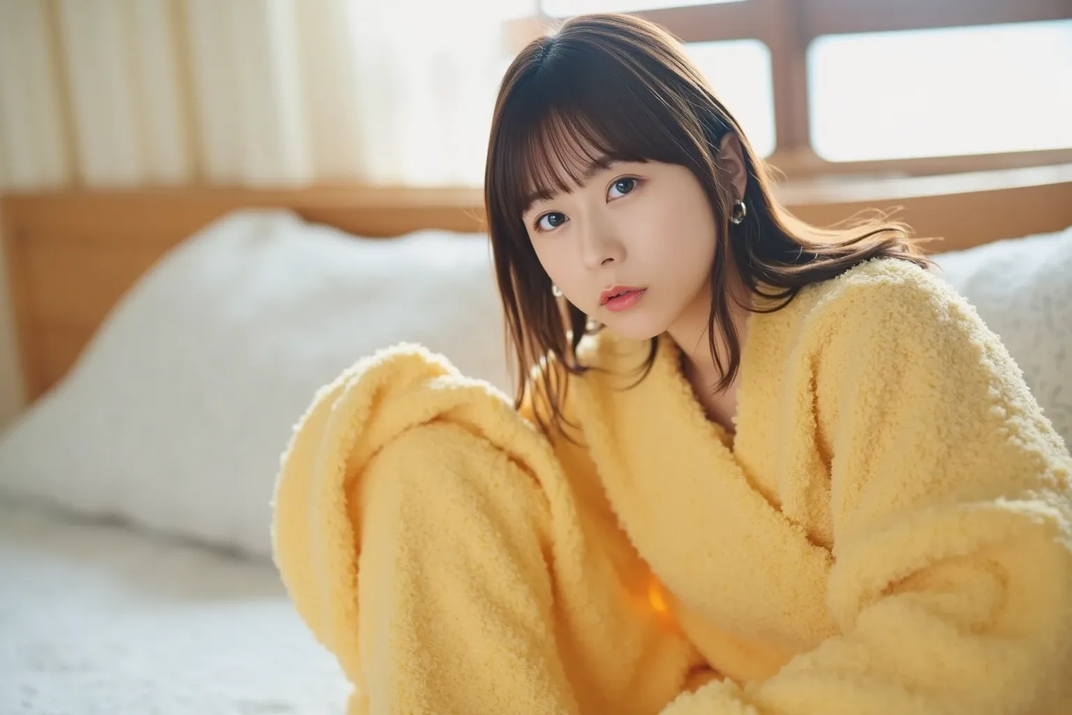 "Close-up image of a cute Japanese woman sitting on a bed with her knees bent, wearing fluffy yellow pajamas. She has soft features and a gentle expression, with a focus on her face. The background shows a cozy bedroom with soft lighting, and her hair is s...