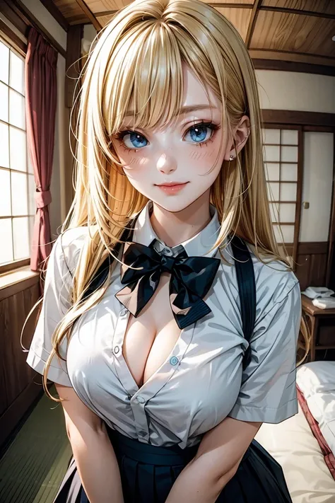  Japanese、 model、Blonde long hair、white shirt school uniform、 bow tie、 cleavage visible 、Holiday House、Japanese-style room