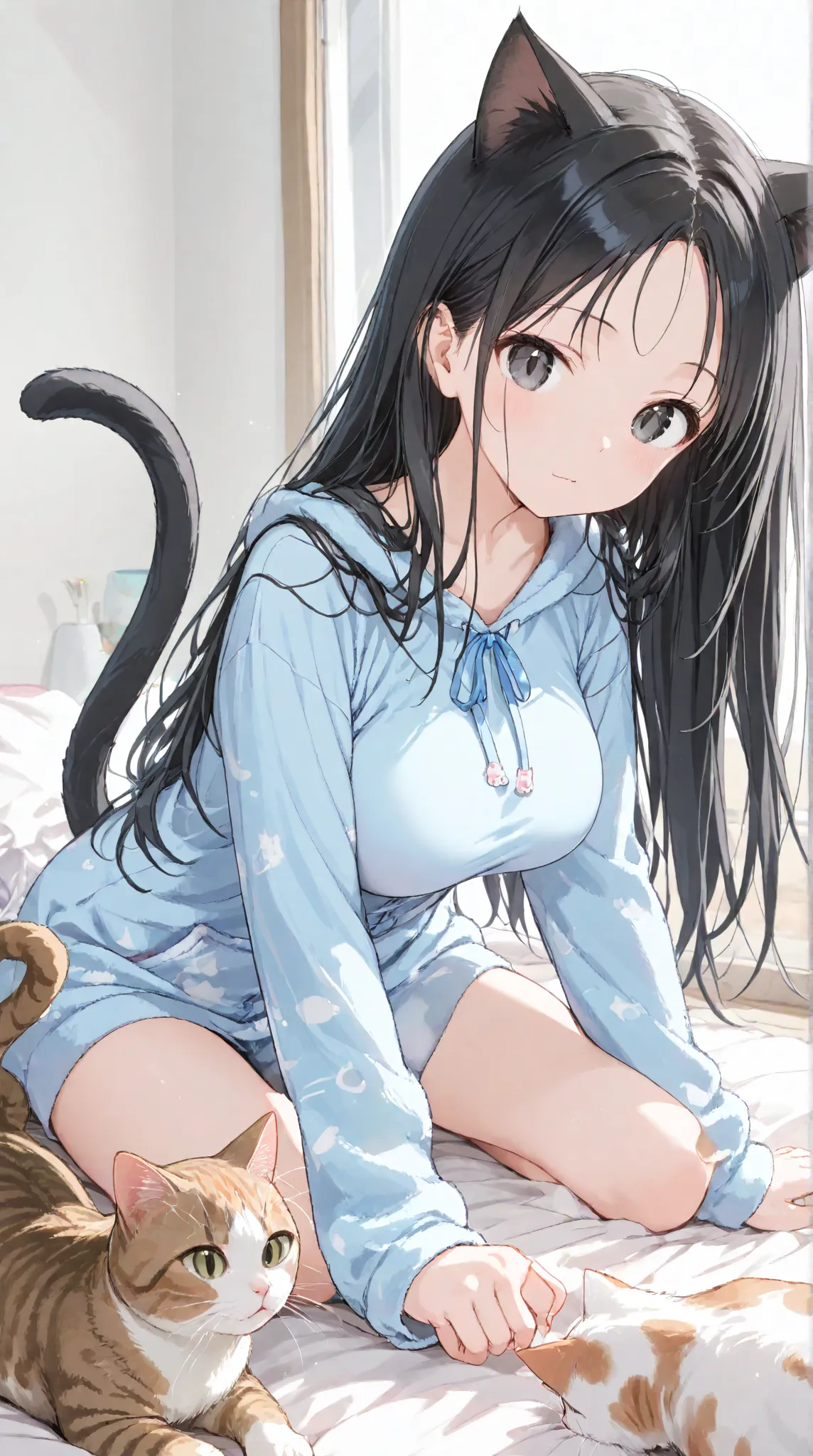 large breasts,   long hair,   (black hair) , bangs, （1girl1.5）,  blue ribbon、（ 1.5）, 18 years old，Loungewear、Cat，Cat ears，Cat tails