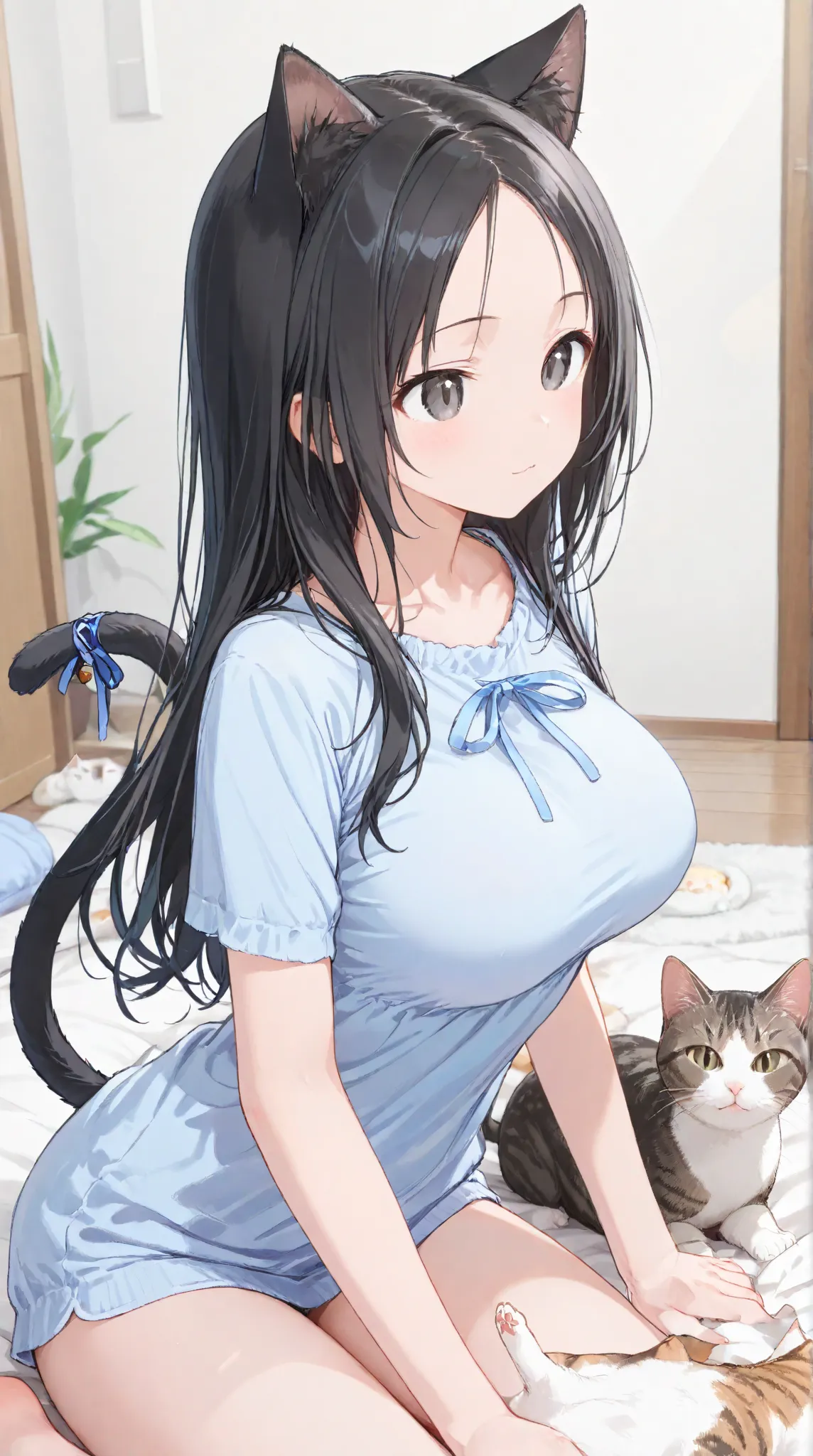 large breasts,   long hair,   (black hair) , bangs, （1girl1.5）,  blue ribbon、（ 1.5）, 18 years old，Loungewear、Cat，Cat ears，Cat tails