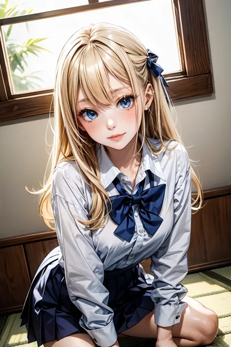  Japanese、 model、Blonde long hair、white shirt school uniform、 bow tie、 cleavage visible 、Holiday House、Japanese-style room